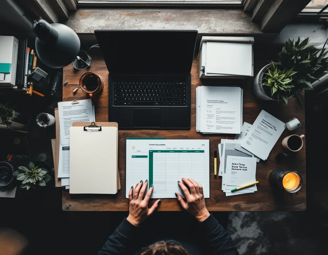 Top-down view of a content calendar and SEO topic map on a Bellingham desk